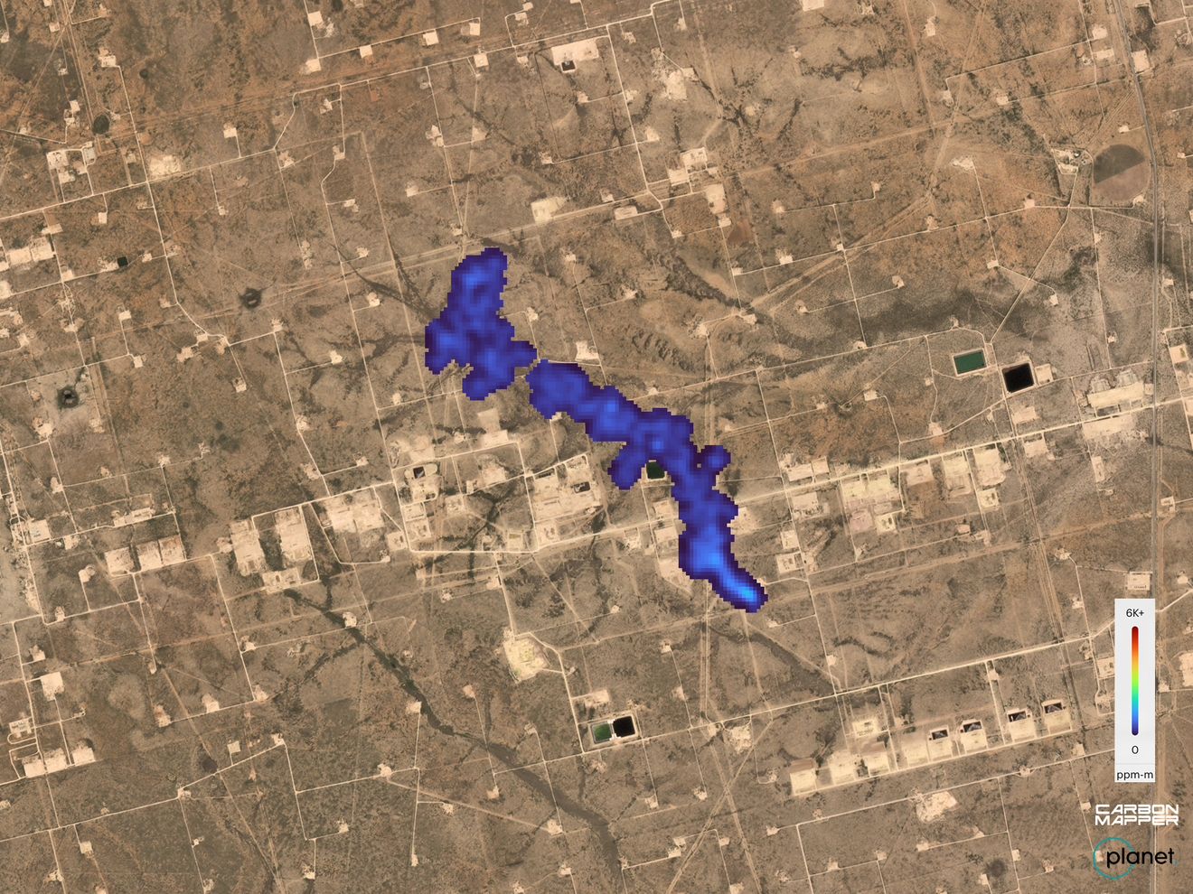 In September 2024 the Spectrometer on Carbon Mappers Coalition Tanager-1s satellite detected the above methane plume in south of midland Texas, in the Permian Basin, one of the world’s largest oil fields. Image Credit: Carbon Mapper/Planet Labs PBC